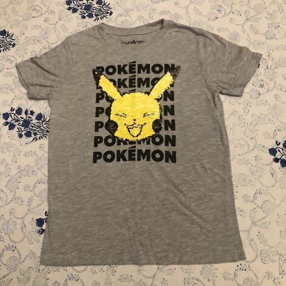 Pikachu Pokemon Flip Sequins Youth Size M Unisex Short Sleeve Heather Gray - Picture 2 of 11